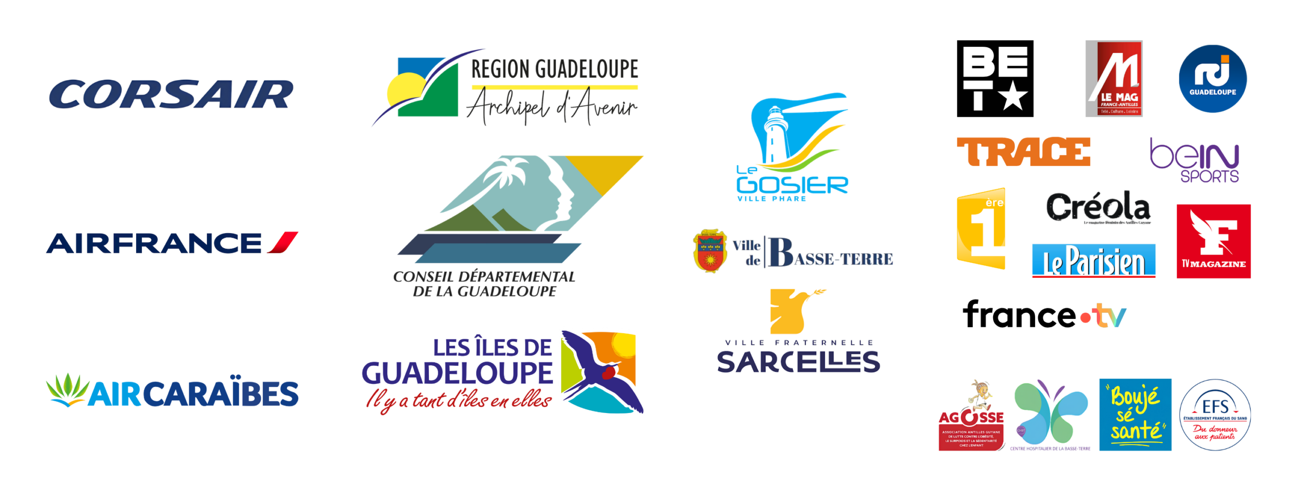 Airlines, institutions and media connected to Morgane Thérésine’s professional journey, including Air France, Air Caraïbes, Corsair, Région Guadeloupe, Les Îles de Guadeloupe, EFS, CHBT, BET, beIN SPORTS, TRACE, La 1ère and RCI.