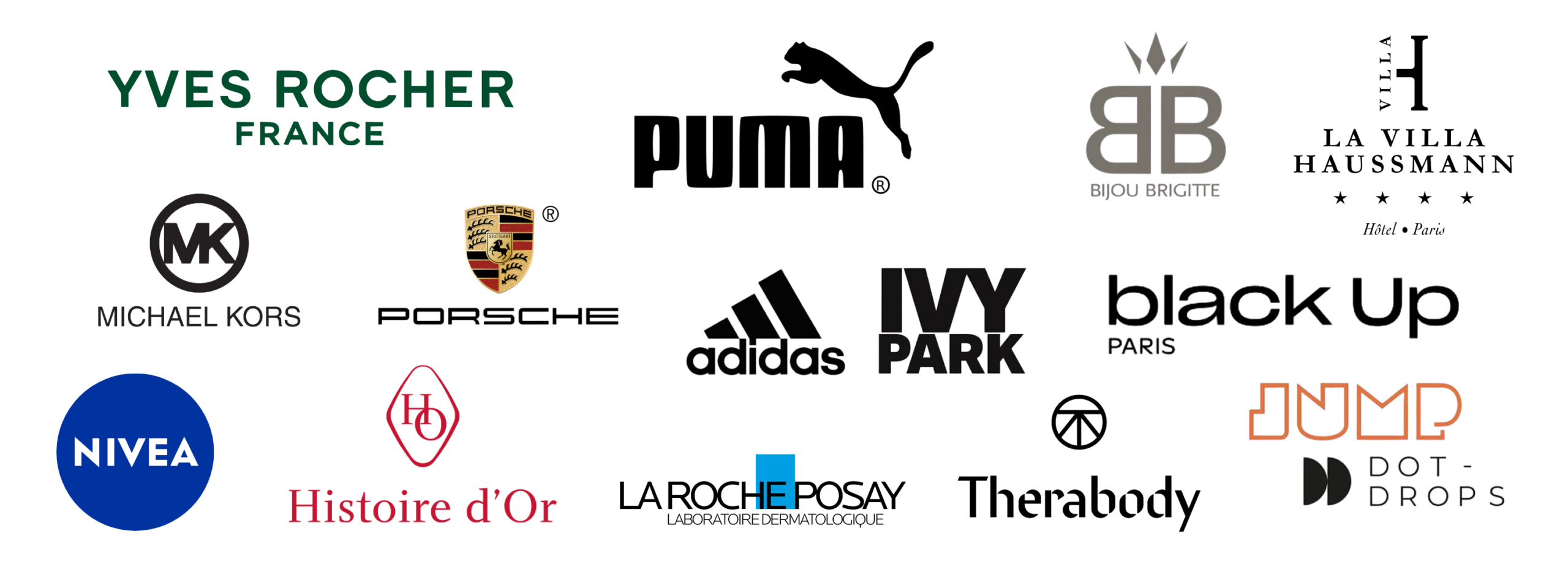 Selected brand collaborations of Morgane Thérésine, including Michael Kors, Porsche, NIVEA, La Roche-Posay, Histoire d’Or, adidas x IVY PARK, PUMA, black|Up Paris, Therabody and Yves Rocher.